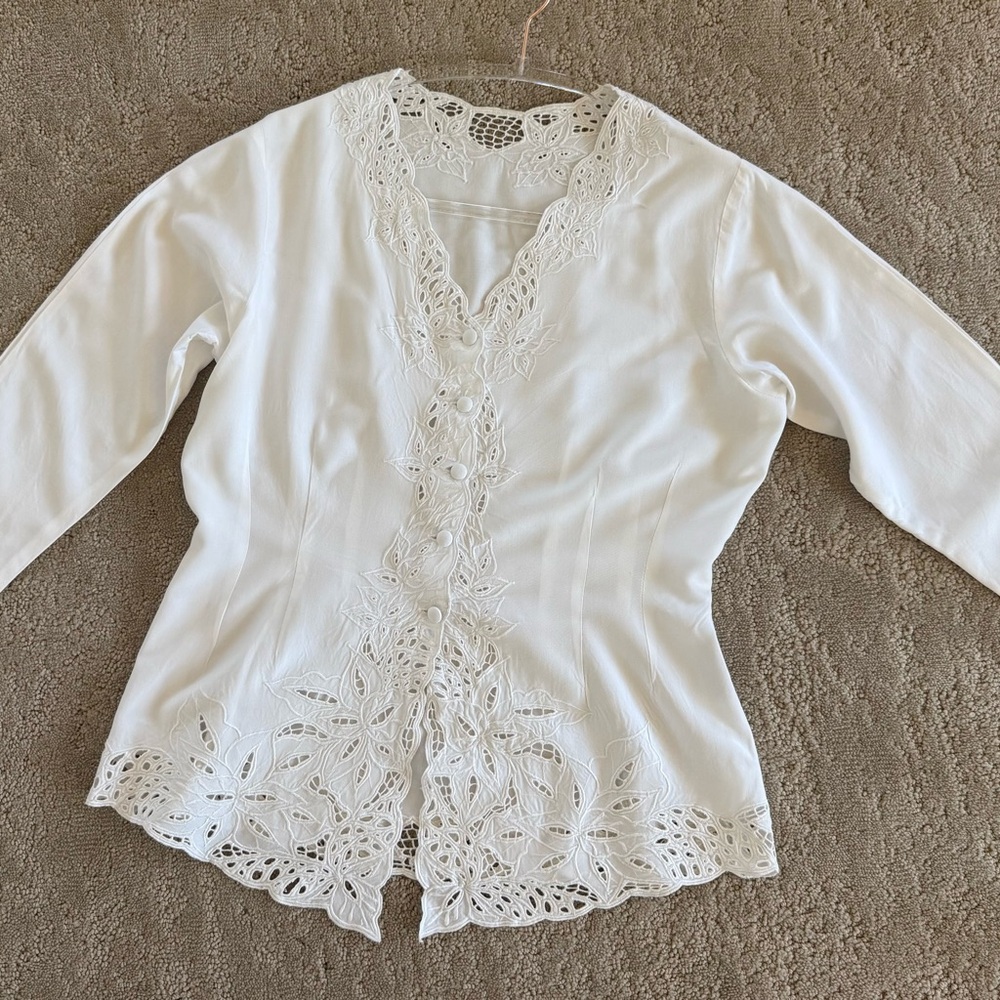 Festival Bali White Lace Blouse Embroidered Rayon Top Size S Boho Cottagecore